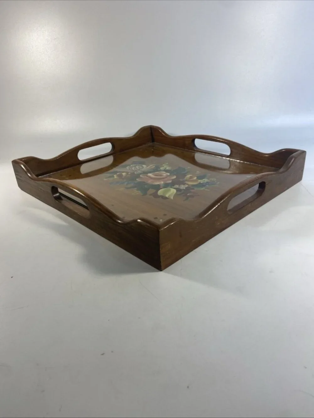 Vintage Wooden Serving Tray 12.5 x 13.75 Hand Painted Floral Scalloped Edges